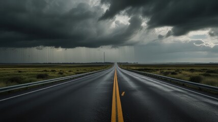 Dark storm clouds over a rain-soaked highway stretching to the horizon.