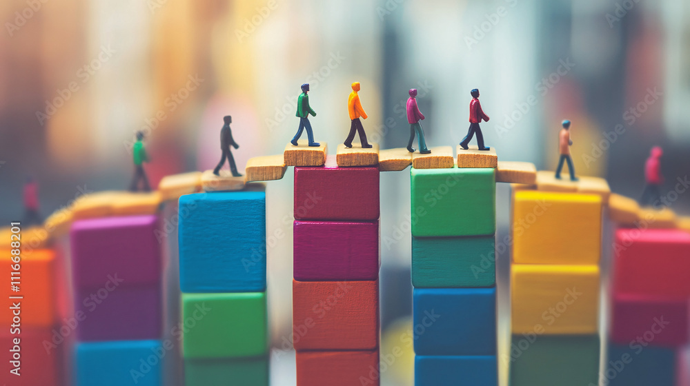 Poster figures walking across a bridge of colorful blocks, highlighting cross-department collaboration and 
