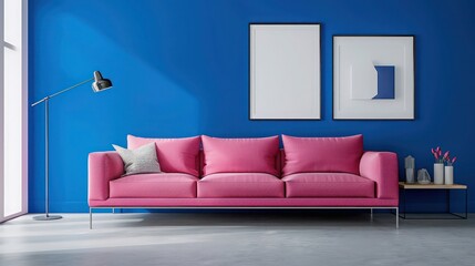 Contemporary living room with electric blue accent wall, hot pink sofa, and minimalist design. Clean lines and modern aesthetic.