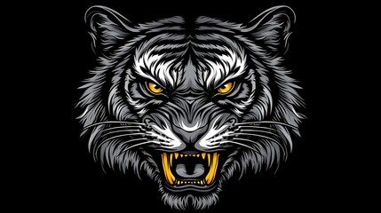 Obraz premium Close-up of a snarling tiger's head, detailed illustration with gray and gold accents against a black background.
