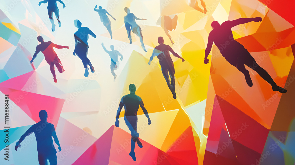 Poster human figures floating on bright polygons, each depicting different tasks or challenges in a day's w