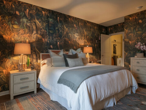 un dormitorio con una cama grande y acogedora. Las paredes est&aacute;n cubiertas con un dise&ntilde;o con estampado de jungla
