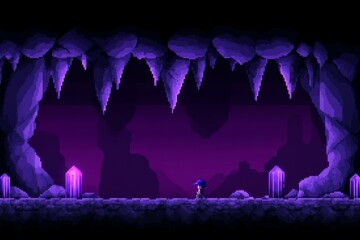 A purple cave with a person standing in the middle, pixel art 8 bit