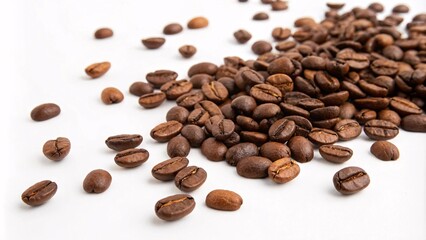 Obraz premium Spilled coffee beans on white background