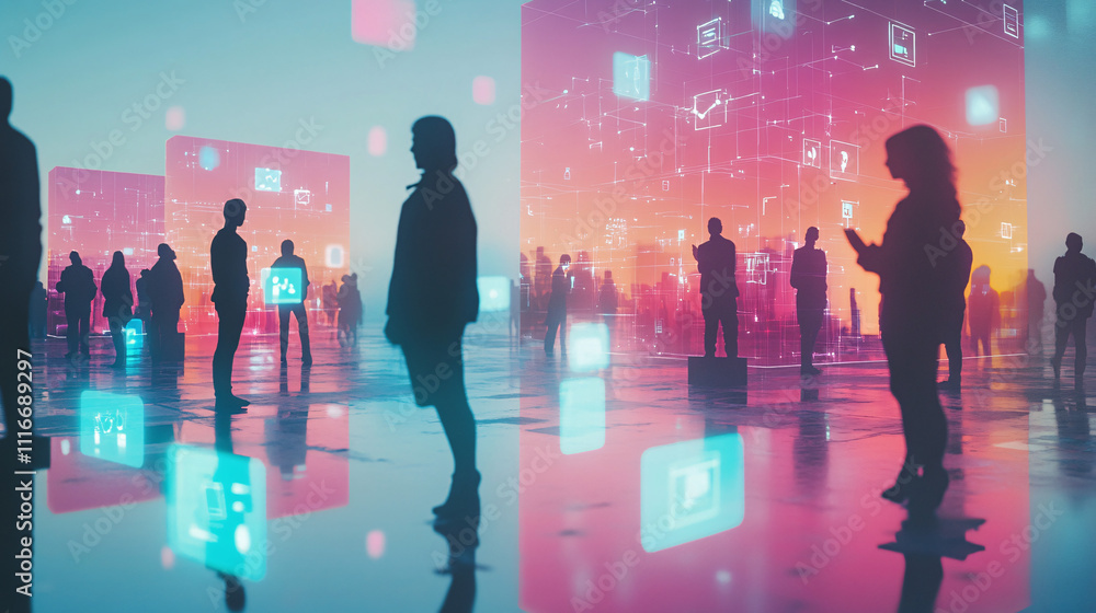 Poster human figures merged with digital icons on floating blocks, symbolizing remote work and digital tran