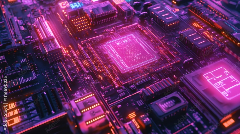 Poster close-up of a neon-lit circuit board with a central processor