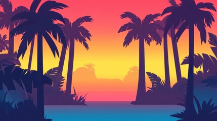 Fototapeta premium Vibrant sunset over tropical palm trees and calm water.