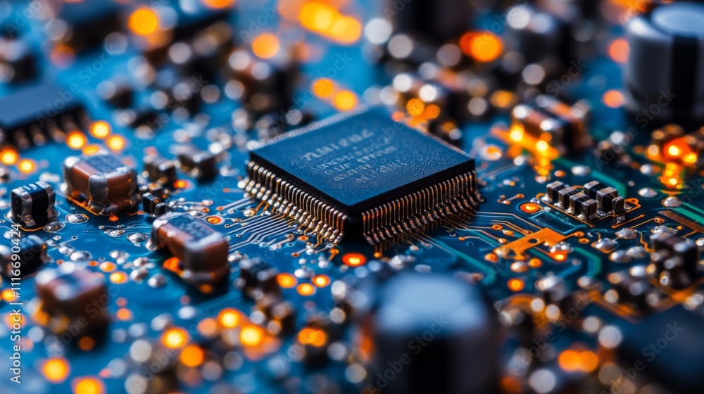 Poster close-up of a microchip on a circuit board with glowing lights
