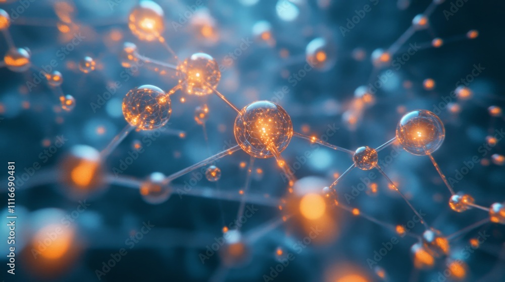 Poster glowing spheres connected by thin lines in a 3d network