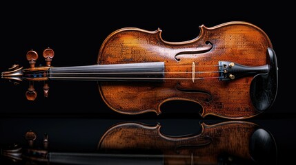 Antique violin on reflective surface.