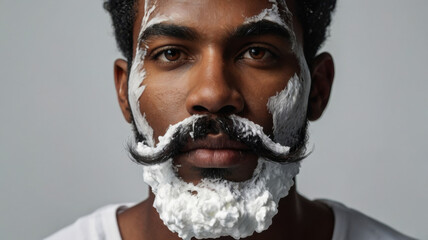 Hombre negro barbudo con bigote largo y su cara cubierta con crema de afeitar