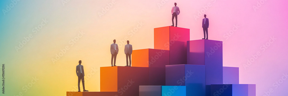 Poster leaders standing on stacked cubes in gradient colors, symbolizing different levels of management in 