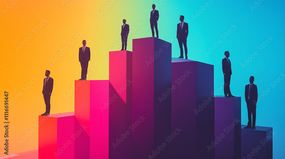 Poster leaders standing on stacked cubes in gradient colors, symbolizing different levels of management in 