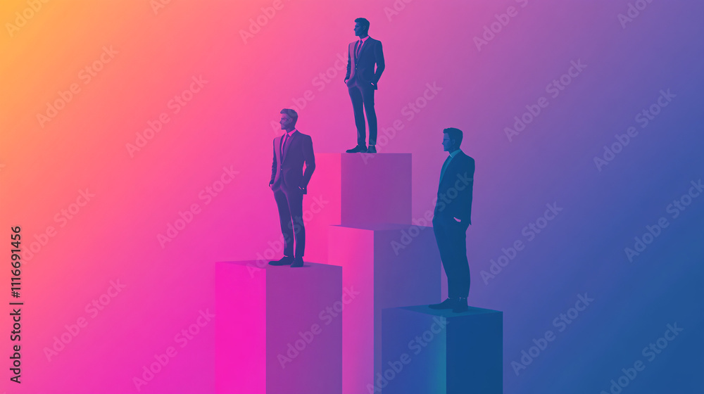 Poster leaders standing on stacked cubes in gradient colors, symbolizing different levels of management in 