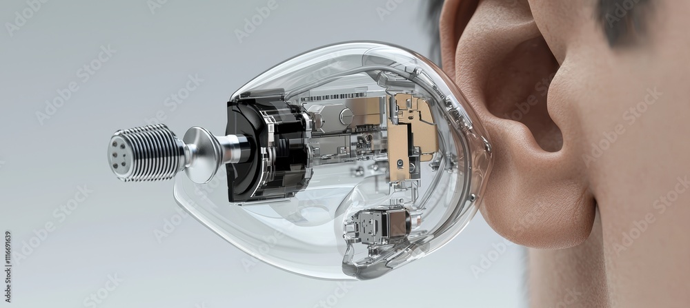 Poster detailed digital rendering of a cochlear implant showing components and functionality