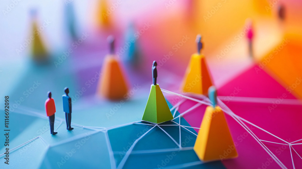 Poster office team balancing on bright geometric shapes, each shape connected by lines, symbolizing workpla
