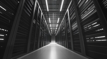 Fototapeta premium Data centers power the digital world, featuring rows of servers illuminated by sleek lights. This labyrinthine space illustrates modern technologys heartbeat.