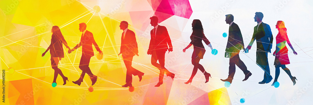 Aufkleber office team balancing on bright geometric shapes, each shape connected by lines, symbolizing workpla