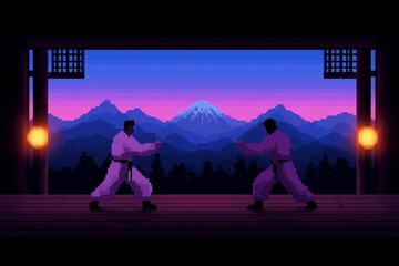 Naklejka premium Two men are in a martial arts match in front of a mountain range, pixel art 8 bit