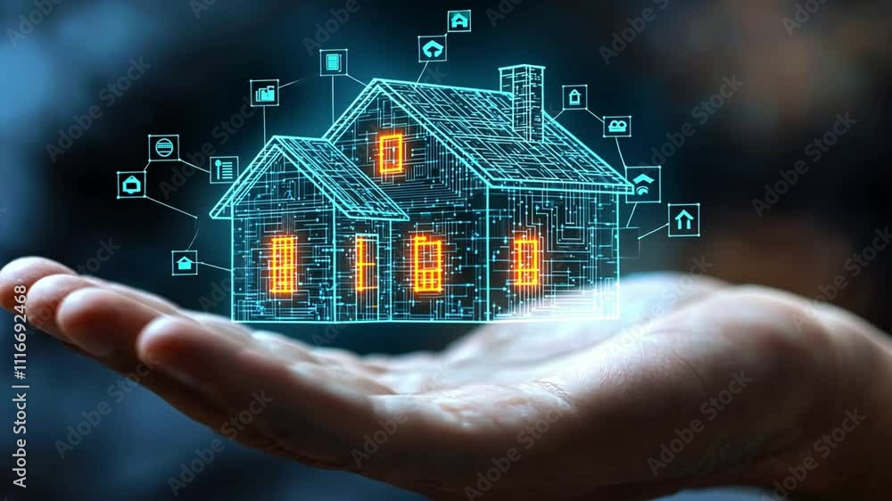 Poster digital home model representing modern architecture and technology in a hand display
