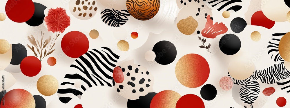 Poster colorful abstract design featuring geometric shapes and patterns on a white background