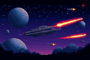 A space scene with a spaceship flying through the sky, pixel art 8 bit