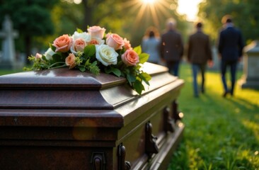 wooden coffin with flowers on the lid with blurred grieving people. Funeral farewell ceremony at the cemetery and burial. Close-up