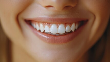 A close-up image of a person smiling with perfectly aligned, white teeth, showcasing dental health and the beauty of a genuine, joyful expression in everyday moments
