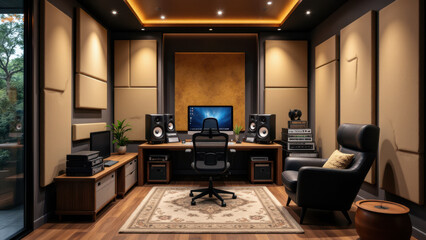 A professionally designed recording studio with acoustic panels, professional audio equipment, and comfortable workspace.