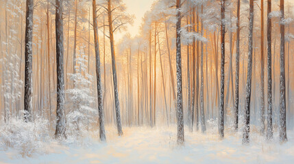 

A snowy forest at sunrise, with tall, frost-covered trees and soft golden light filtering through, creating a serene and magical winter landscape.