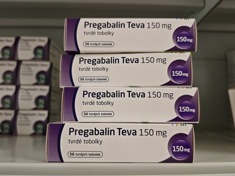 Prague,Czech Republic-June 17 2024: PREGABALIN TEVA medication with Pregabalin active substance by Teva,used for treatment of Neuropathic pain, Epilepsy, Generalized anxiety disorder, Fibromyalgia	
