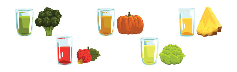 Colorful Juice in Glass with Fresh Ingredient Vector Set