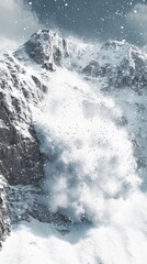 Obraz premium Avalanche cascading down snowy mountain under cloudy sky, natural disaster concept