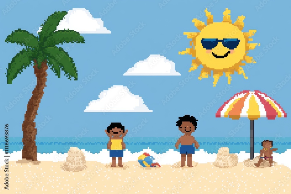 Poster a computer generated image of a beach with a palm tree, pixel art 8 bit