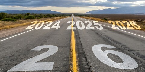 New year 2025 or straight concept. Text 2024, 2025, 2026 written on the road in the middle of the road. Planning concept. Goals. New year 2025 challenge., JPG, AI GENERATED