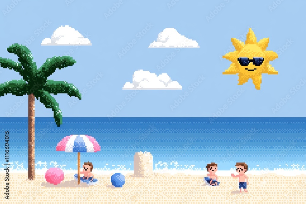 Aufkleber a computer generated image of a beach with a palm tree and a sun, pixel art 8 bit