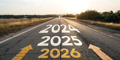 New year 2025 or straight concept. Text 2024, 2025, 2026 written on the road in the middle of the road. Planning concept. Goals. New year 2025 challenge., JPG, AI GENERATED