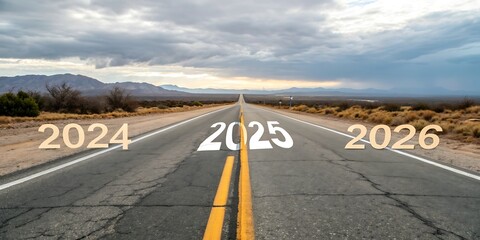 New year 2025 or straight concept. Text 2024, 2025, 2026 written on the road in the middle of the road. Planning concept. Goals. New year 2025 challenge., JPG, AI GENERATED