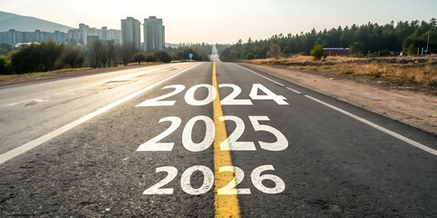 New year 2025 or straight concept. Text 2024, 2025, 2026 written on the road in the middle of the road. Planning concept. Goals. New year 2025 challenge., JPG, AI GENERATED