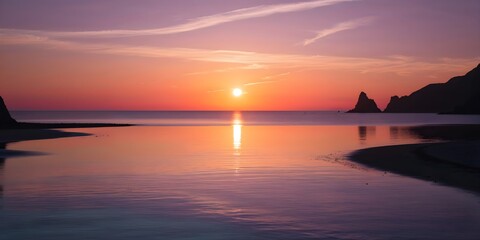 Obraz premium Sunset Serenity: A Peaceful Coastal Scene with a Vibrant Sunset Casting Reflections on the Calm Water
