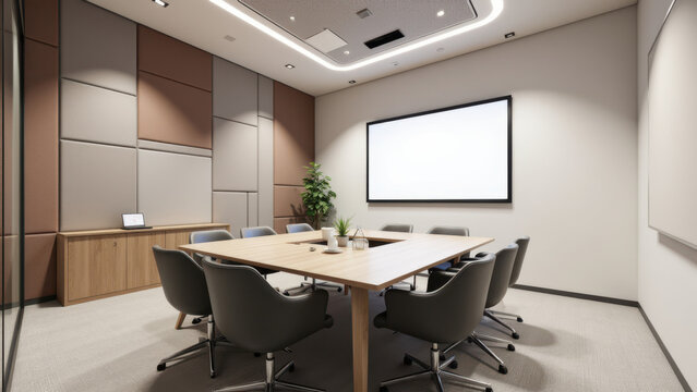 A modern conference room with acoustical panels on the walls and a large TV screen displaying blue background.