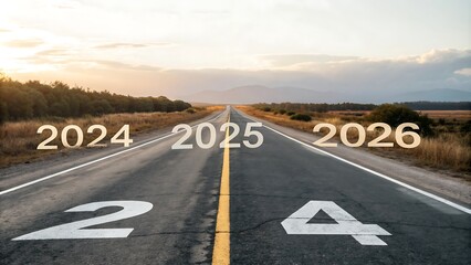 New year 2025 or straight concept. Text 2024, 2025, 2026 written on the road in the middle of the road. Planning concept. Goals. New year 2025 challenge., JPG, AI GENERATED