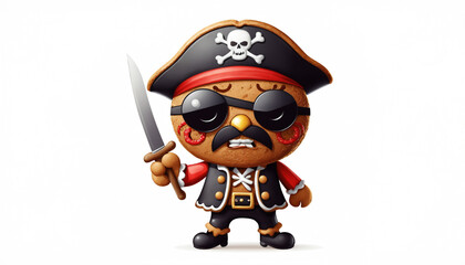 illustration of gingerbread being a angry pirate with an eye patch on white background