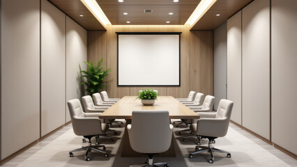 Fototapeta premium Large meeting room with acoustic panels on walls, table, and chairs for professional settings.