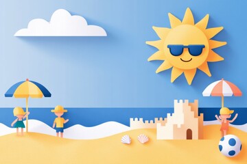 Obraz premium A cartoon drawing of a sunny day at the beach with three people, pixel art 8 bit