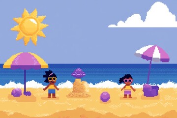 Two girls are playing on the beach, one of them is holding a ball, pixel art 8 bit