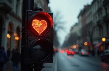 A heart-shaped traffic light stands on the street of the city