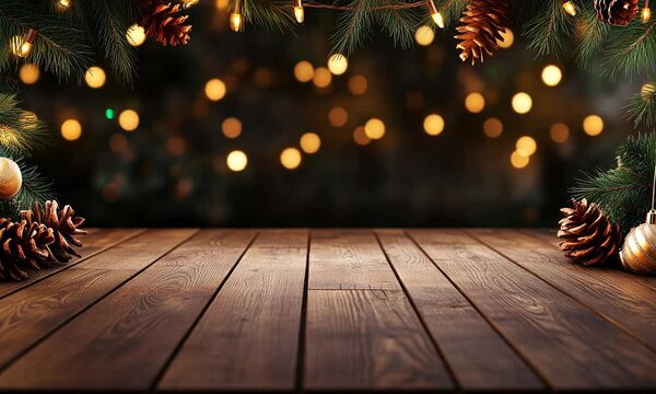 BROWN WOODEN PLANK AND WARM LIGHTS ABOVE AND BELOW. COPY SPACE FOR TEXT. RUSTIC CHRISTMAS ADVERTISEMENT CONCEPT
