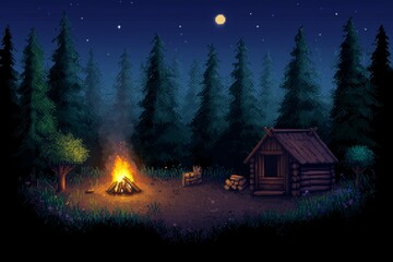 Pixel art night scene with campfire, cabin, and forest under starry sky