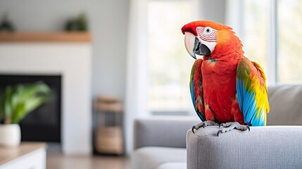 Colorful macaw parrot perched indoors